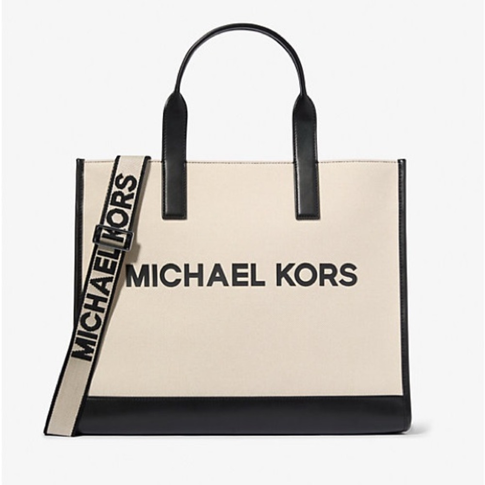 MICHAEL KORS Cream Canvas Tote with Black Trim and Logo Strap